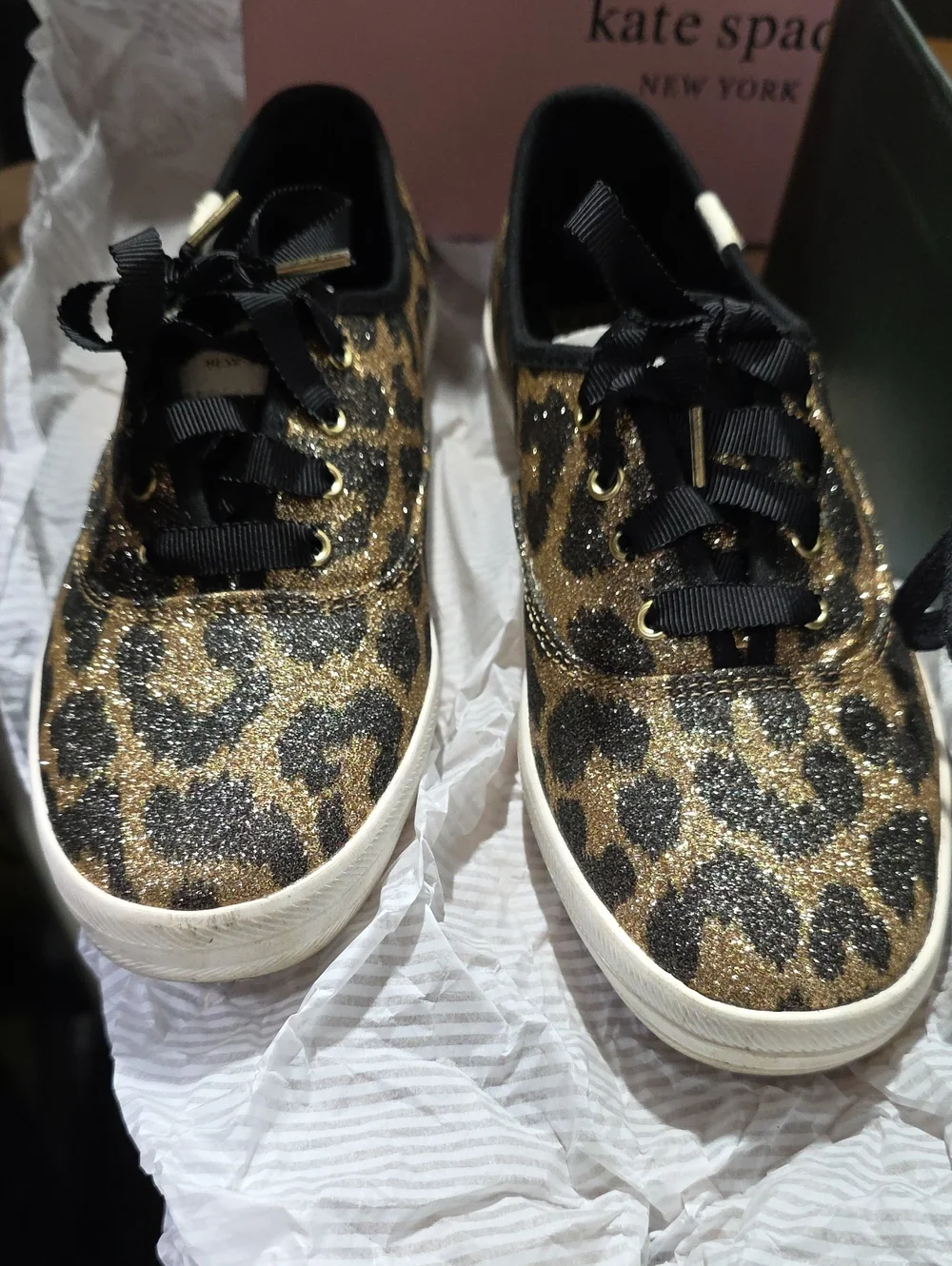 kate spade Leopard Glitter Ribbon Lace-Up Sneakers in Gold and Black